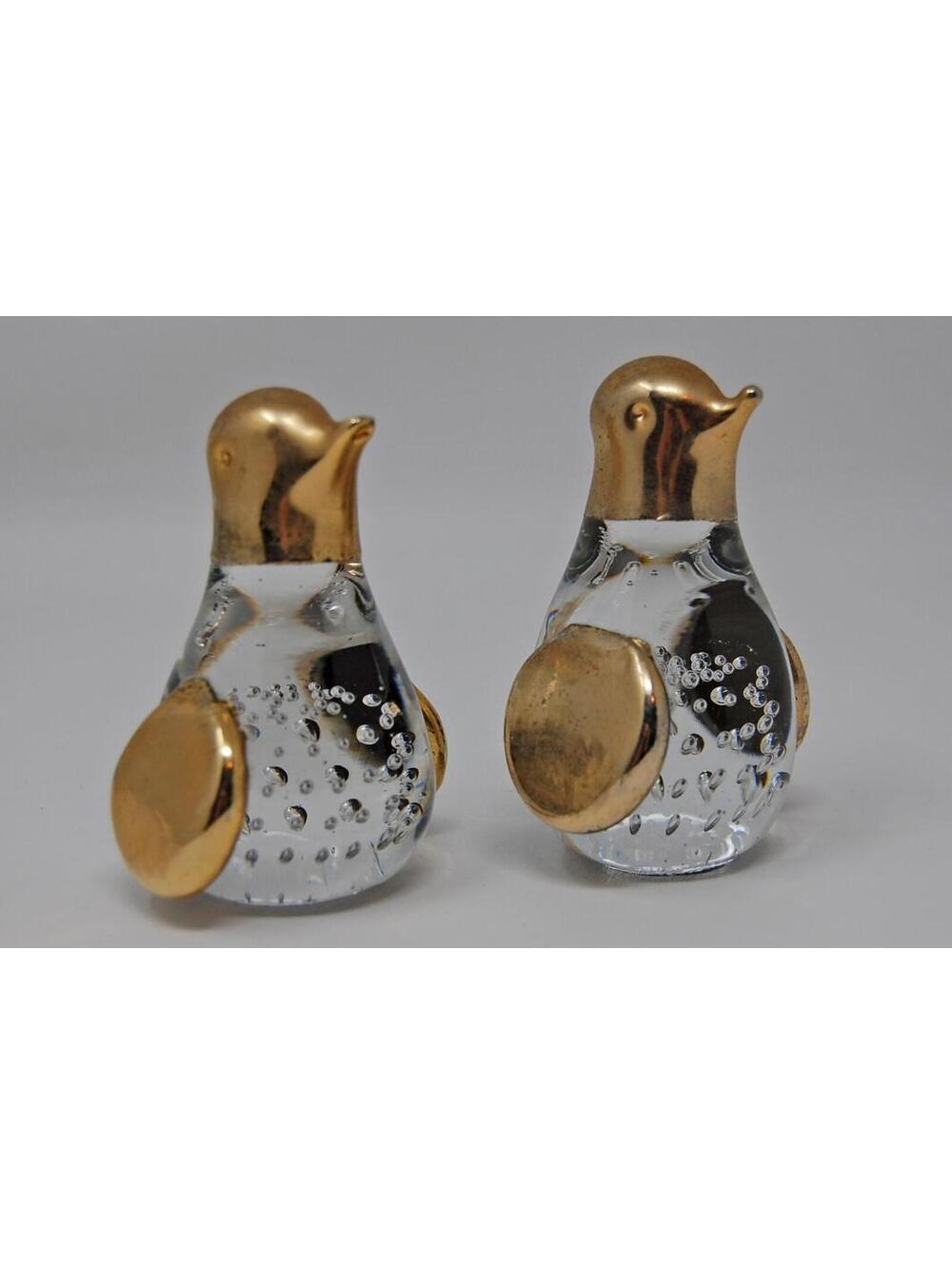 Bird Paperweight Figurines Gold Leaf Hand Blown Bubble Art Glass Pair 1980s VTG